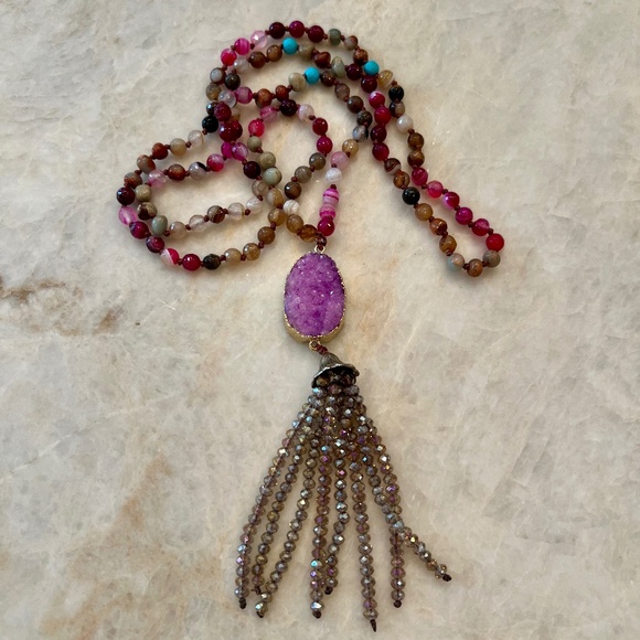 Hand Knotted Multi-Colored Agate with Amethyst Drop - Picture 2 of 5